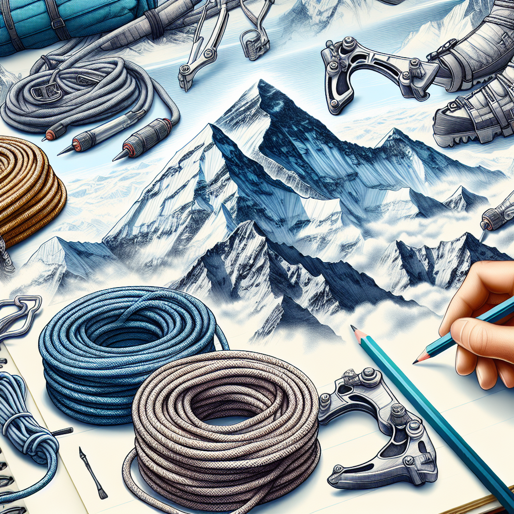A detailed image of essential Mount Everest climbing gear including clothing, ropes, and climbing equipment set against a backdrop of snowy peaks.