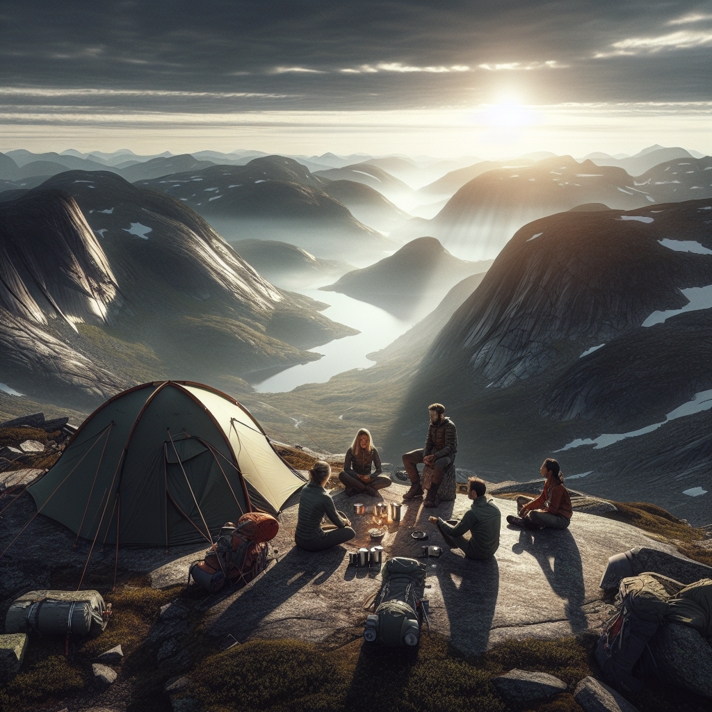 Panoramabilde av et norsk høyfjellandskap med ekspedisjonsgruppe, telt og lav sol; stemningsfullt, realistisk, fokus på mennesker og natur, nordisk fargepalett