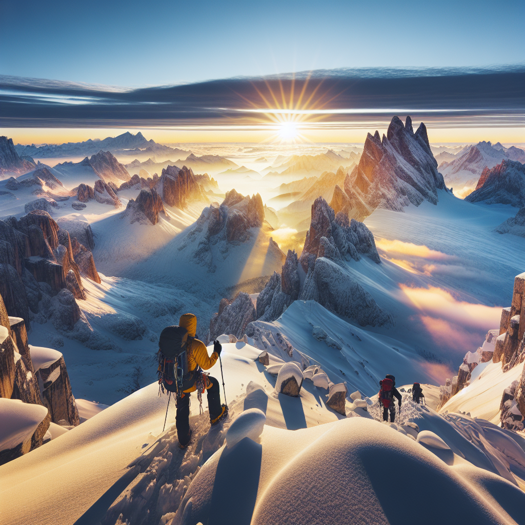 Panoramabilde av et snødekt fjellandskap ved soloppgang, fjellklatrere i sikkerhetsutstyr i forgrunnen, klar himmel, moderne og inspirerende stil